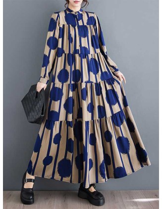 Buttoned Pleated Polka-Dot Split-Joint A-Line Long Sleeves Stand Collar Shirt Dress Maxi Dresses