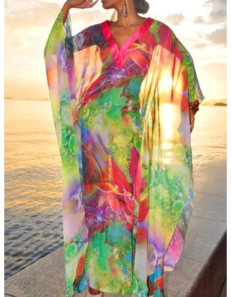 Batwing Sleeves Loose Printed See-Through Split-Joint V-Neck Cover-Ups Maxi Dresses