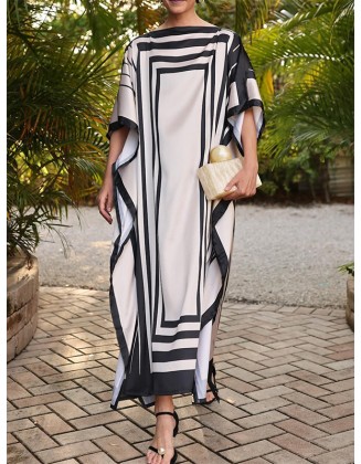 Batwing Sleeves Loose Printed Split-Side Striped Boat Neck Maxi Dresses