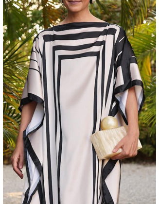 Batwing Sleeves Loose Printed Split-Side Striped Boat Neck Maxi Dresses