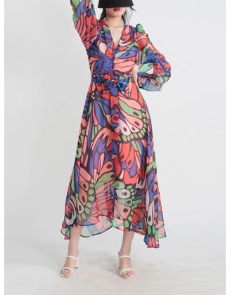 Buttoned Printed Split-Joint High Waisted Long Sleeves V-Neck Midi Dresses