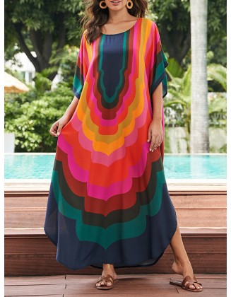 Contrast Color Printed Sun Protection Batwing Sleeves Loose Round-Neck Maxi Dresses