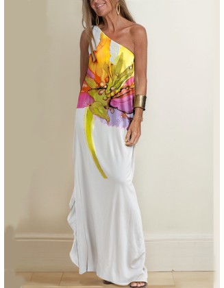 Loose Sleeveless Asymmetric Flower Print One-Shoulder Maxi Dresses