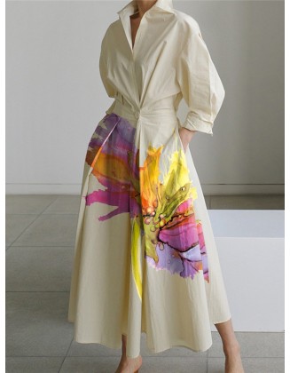 Long Sleeves Loose Floral Printed Pleated Split-Joint Tied Waist Lapel Midi Dresses Shirt Dress