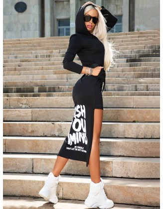 Hooded V-Neck Zipper Letter Print High-Low Long Sleeve Midi Dress