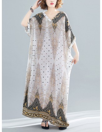 Ethnic Printed Plus Size V-Neck Batwing Sleeve Maxi Dress