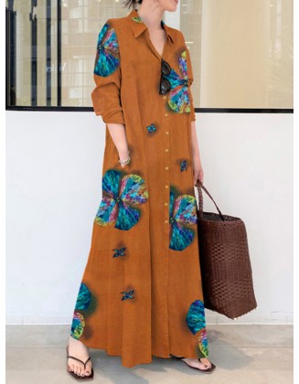 Vintage Floral Printed Lapel Oversize Maxi Dress