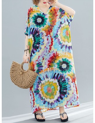 Vintage Loose Tie-Dyed Batwing Sleeves V-Neck Maxi Dress