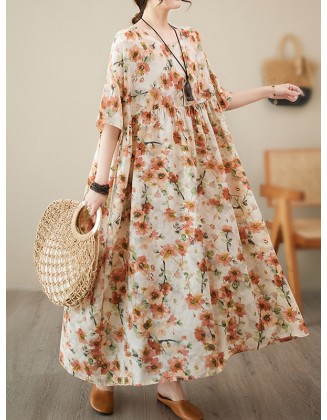 Floral Printed Pleated Split-Joint Loose Raglan Sleeve Round-Neck Midi Dresses