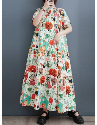 Buttoned Printed Split-Joint Loose Short Sleeves Stand Collar Midi Dresses