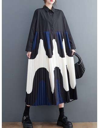 Contrast Color Pleated Printing Split-Joint A-Line Long Sleeves Polo Midi Dresses