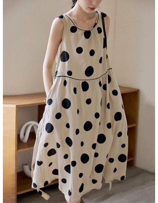 Contrast Color Pleated Polka-Dot Split-Joint Tied Waist Loose Sleeveless Round-Neck Midi Dresses