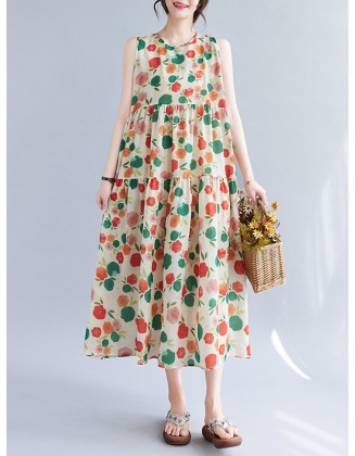 Floral Printed Pleated Split-Joint Loose Sleeveless Round-Neck Midi Dresses