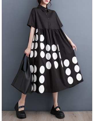 Buttoned Pockets Polka Dot Printed A-line Loose Lapel Midi Dresses