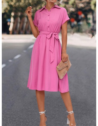 Buttoned Solid Color Tied Waist A-Line High Waisted Lapel Collar Shirt Dress Midi Dresses