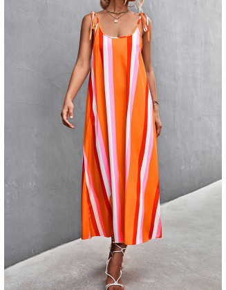 Contrast Color Striped Tied Loose Sleeveless U-Neck Slip Dress Midi Dresses