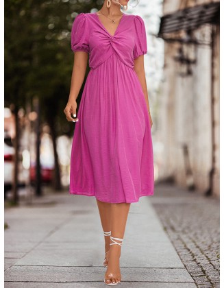 Elasticity Knot Pleated Solid Color Split-Joint A-line High Waisted V-neck Midi Dresses