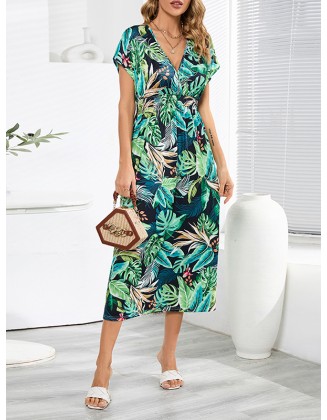 Hollow Lace-Up Printed Split-Joint Loose Short Sleeves V-Neck Midi Dresses