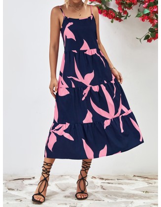 Contrast Color Floral Printed Loose Sleeveless Spaghetti-Neck Midi Dresses