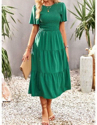 Elastics Solid Color Loose Short Sleeves Round-neck Midi Dresses