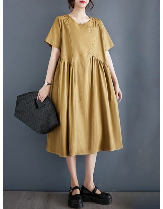 Asymmetric Pleated Pockets Solid Color Split-Joint A-line Loose Round-neck Midi Dresses