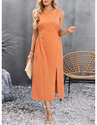 Hollow Solid Color Split-side Sleeveless Round-neck Midi Dresses