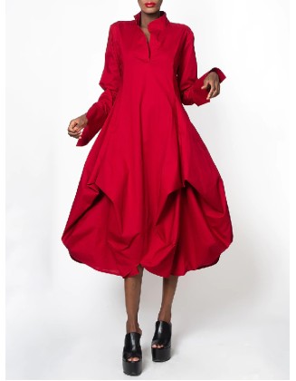 Stylish Loose Stand-Collar Long Sleeves Midi Dress