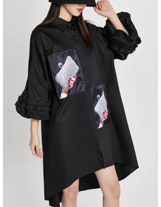 Loose High-Low Irregular Applique Shirt Dress Midi Dress