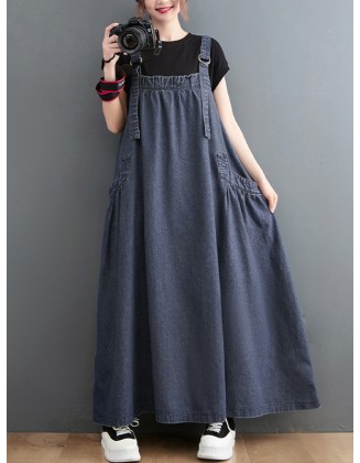 Vintage Loose Artistic Retro Solid Color Strap Denim Midi Dress