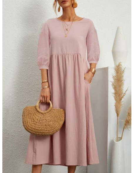 11 Colors Simple Round-Neck Solid Color Midi Dress