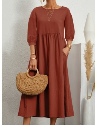 11 Colors Simple Round-Neck Solid Color Midi Dress