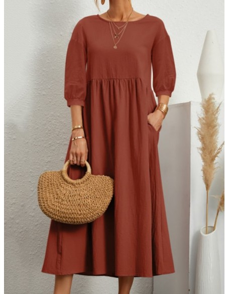 11 Colors Simple Round-Neck Solid Color Midi Dress