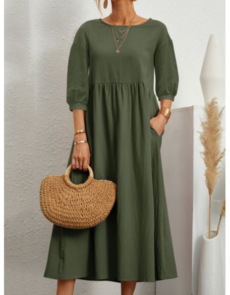 11 Colors Simple Round-Neck Solid Color Midi Dress