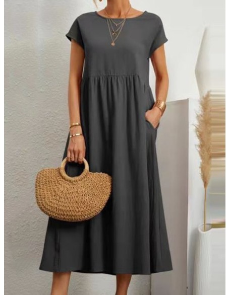 11 Colors Simple Round-Neck Solid Color Midi Dress