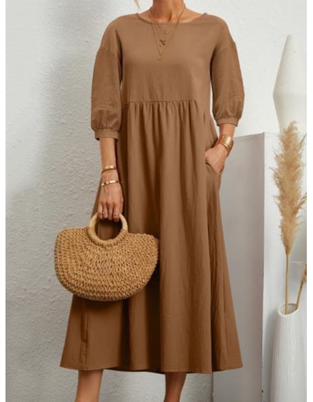 11 Colors Simple Round-Neck Solid Color Midi Dress