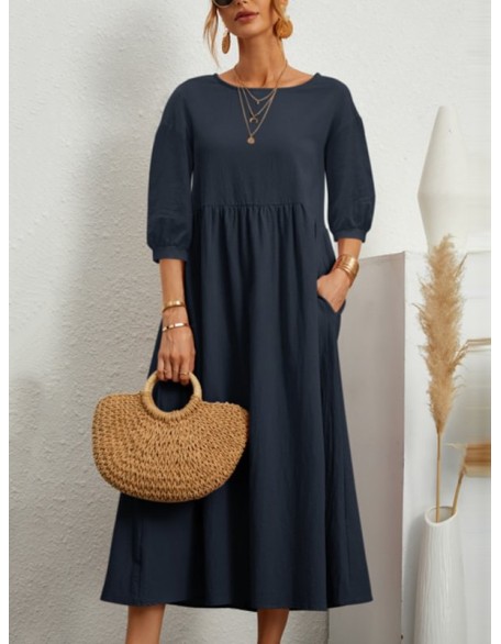 11 Colors Simple Round-Neck Solid Color Midi Dress