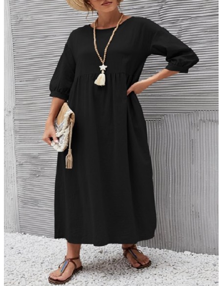 11 Colors Simple Round-Neck Solid Color Midi Dress