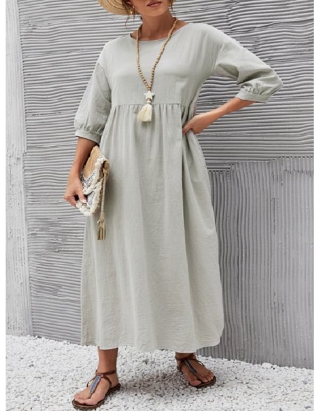 11 Colors Simple Round-Neck Solid Color Midi Dress