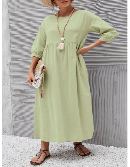 11 Colors Simple Round-Neck Solid Color Midi Dress