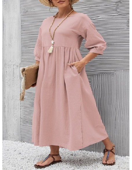 11 Colors Simple Round-Neck Solid Color Midi Dress