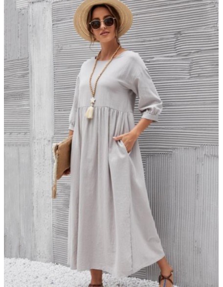 11 Colors Simple Round-Neck Solid Color Midi Dress