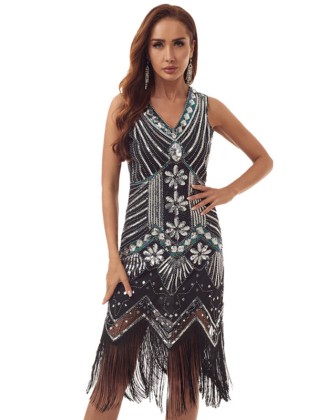 Evening H-Line Beads Sequined Tasseled Midi Dresses