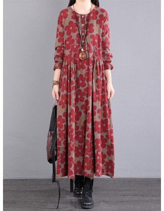 Casual Long Sleeves Loose Floral Printed Round-Neck Midi Dresses