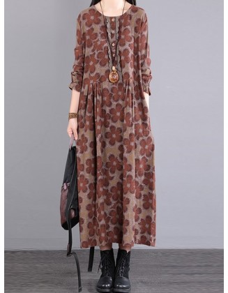 Casual Long Sleeves Loose Floral Printed Round-Neck Midi Dresses