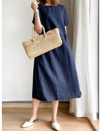 Casual Loose Solid Color Round-Neck Midi Dresses