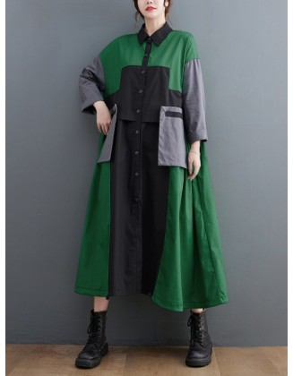 Vintage Loose Long Sleeves Contrast Color Polo Midi Dresses