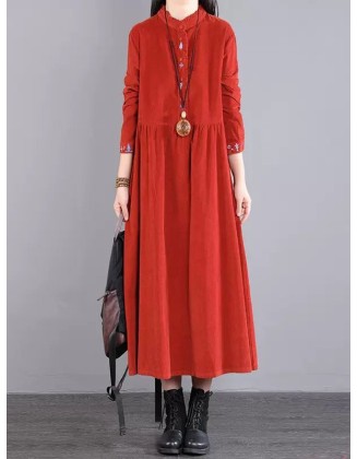 Vintage Corduroy Long Sleeves A-Line Embroidered Solid Round-Neck Midi Dresses