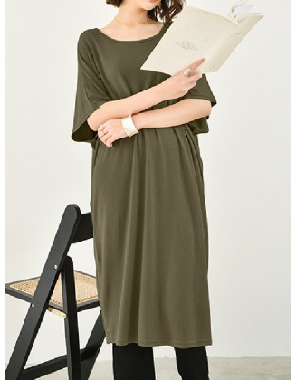 Casual Batwing Half Sleeves Solid Color Round-Neck Midi Dresses