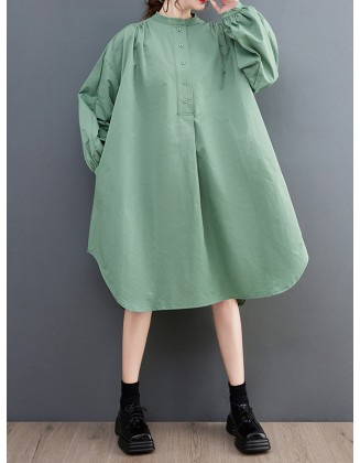 Loose Puff Sleeves Solid Color Stand Collar Midi Dresses