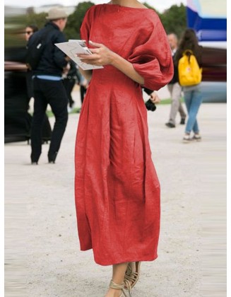 Half Sleeves Loose Solid Color Round-Neck Midi Dresses